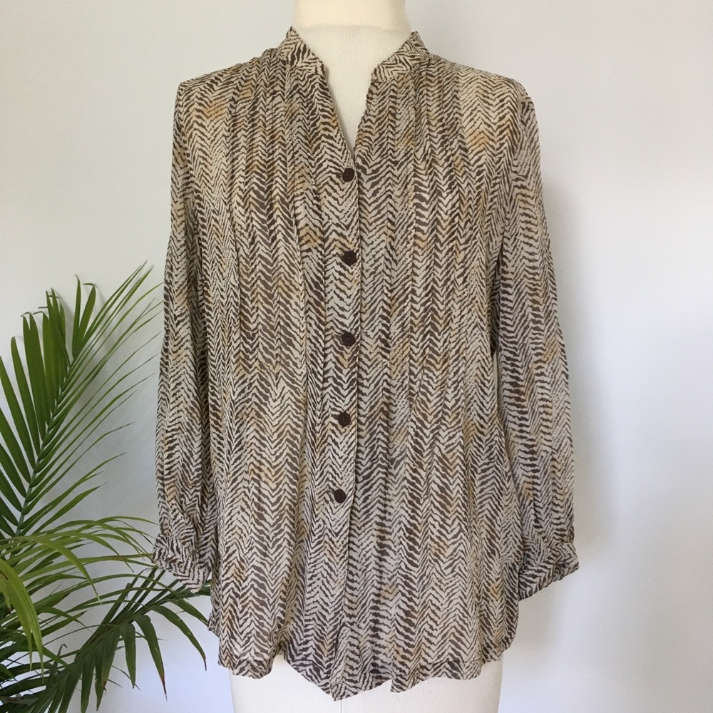 Silk Pendelton herringbone pattern sheer button front blouse